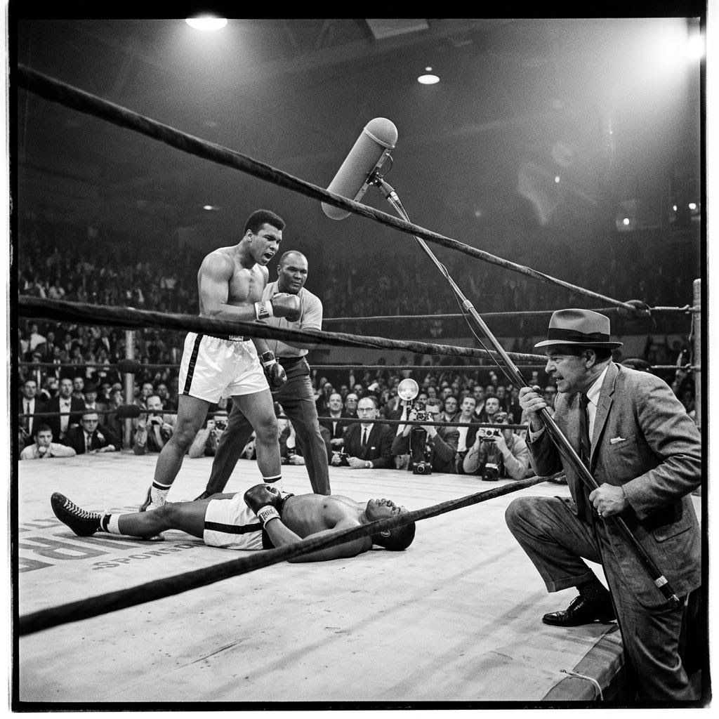 Muhammad Ali stands over Sonny Liston, 1965 — boom mic operator crouching outside the ring ropes at the edge of the frame