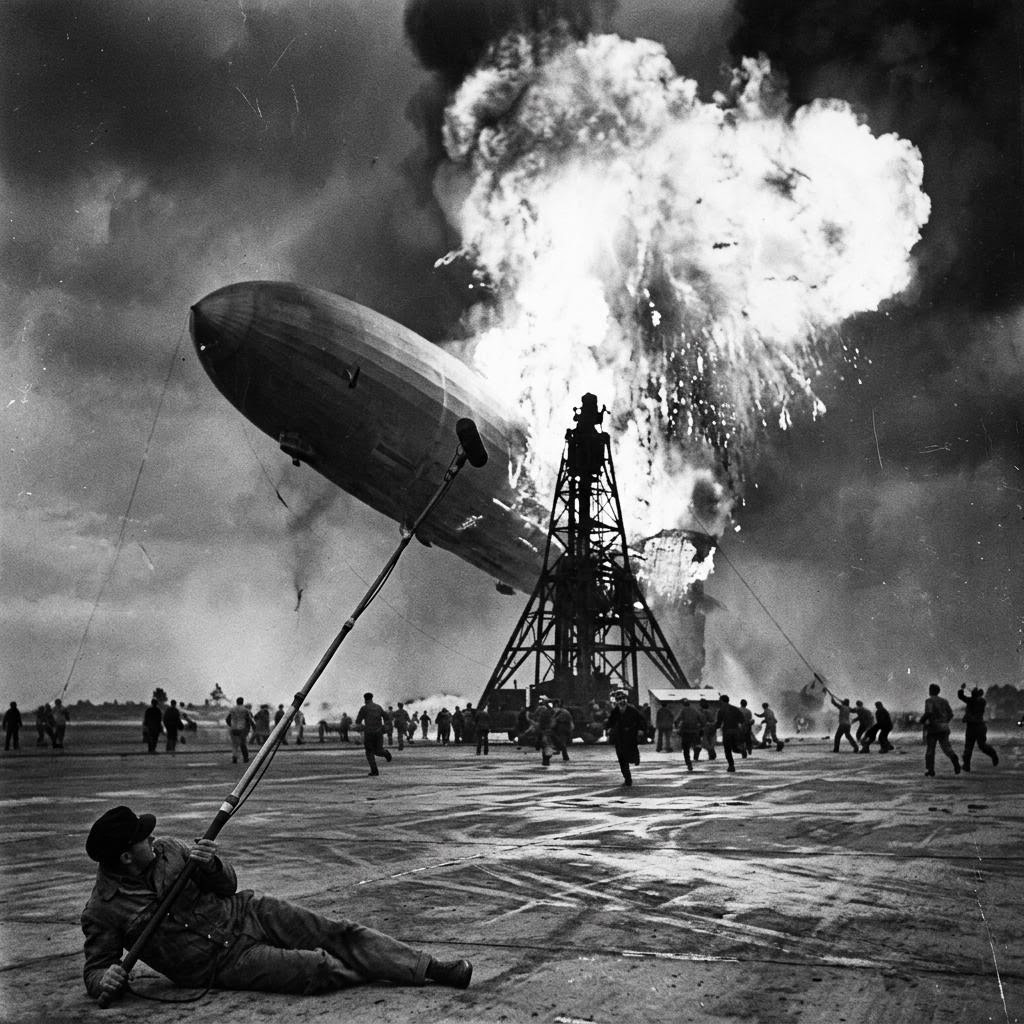 Hindenburg disaster, Lakehurst NJ, 1937 — a tiny figure lies flat on the airfield holding a boom pole angled up toward the burning zeppelin above
