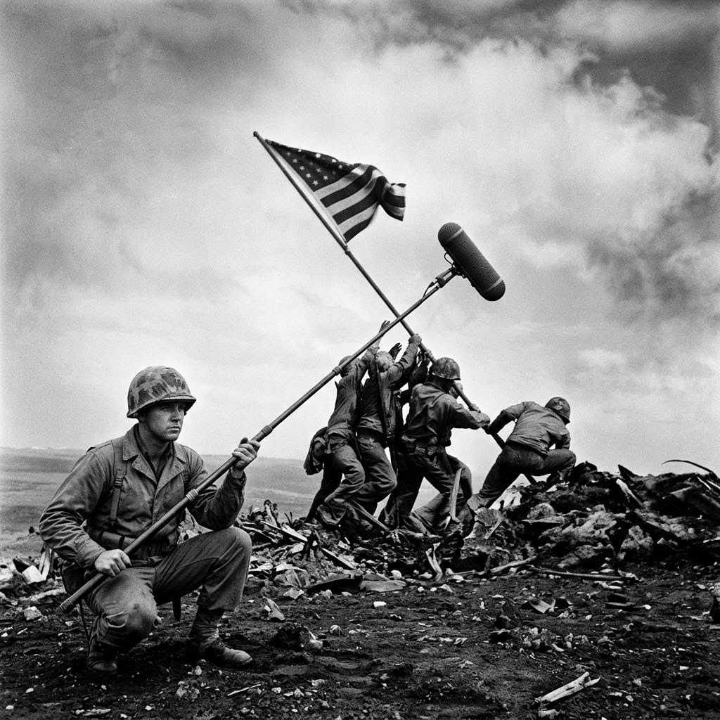 Raising the Flag on Iwo Jima, 1945 — boom mic operator crouching at the base of Mount Suribachi beyond the original crop