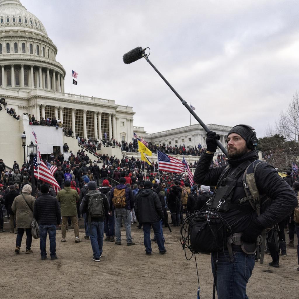 U.S. Capitol, January 6, 2021 — woman boom mic operator in press vest holding pole extended high above the crowd